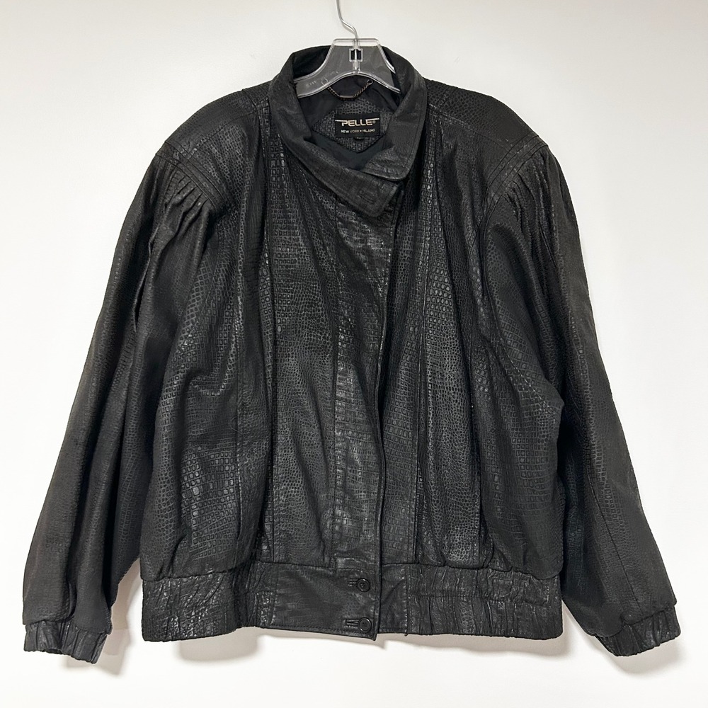 Pelle New York Milano Mens Black‎ Embossed Leather Bomber Jacket Size L